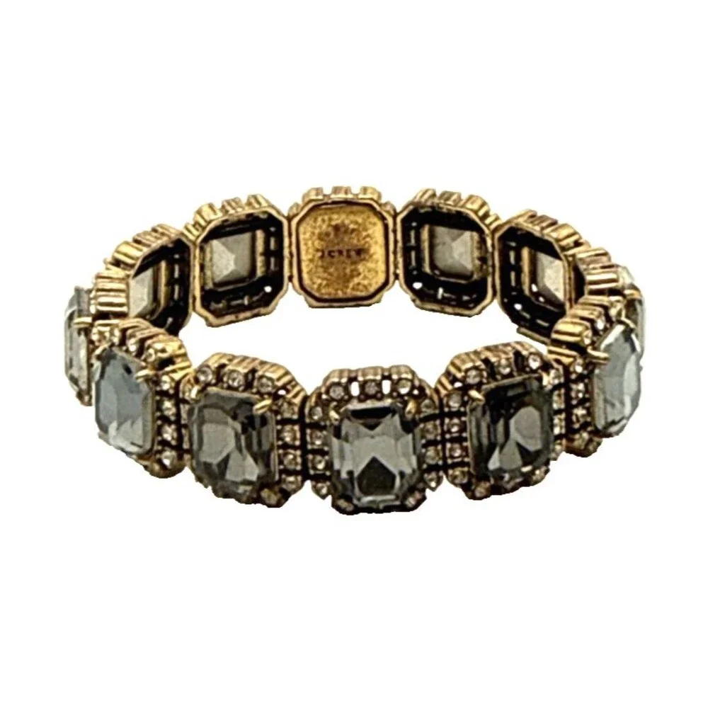 J CREW CRYSTAL BORDERS Bracelet Smoky Gray Clear Rhinestone Ornate Stretch Cuff